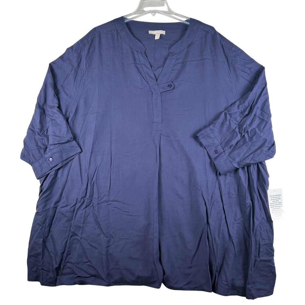 Woman Within Blouse Womens 4X Blue Rayon Henley Tunic 3/4 Sleeve Plus Top